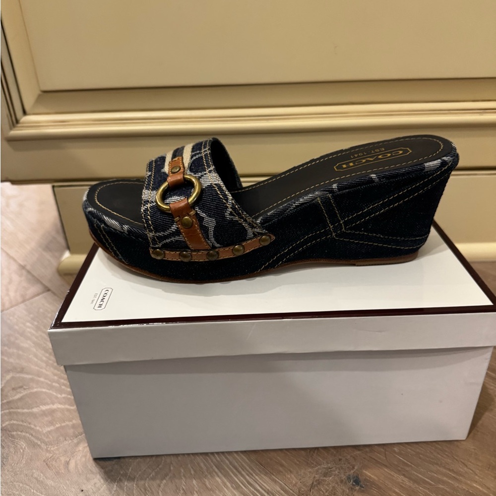 Coach Blue Denim Wedge Sandals with Buckle, used but like new in box, size 7.5 M - Picture 2 of 3